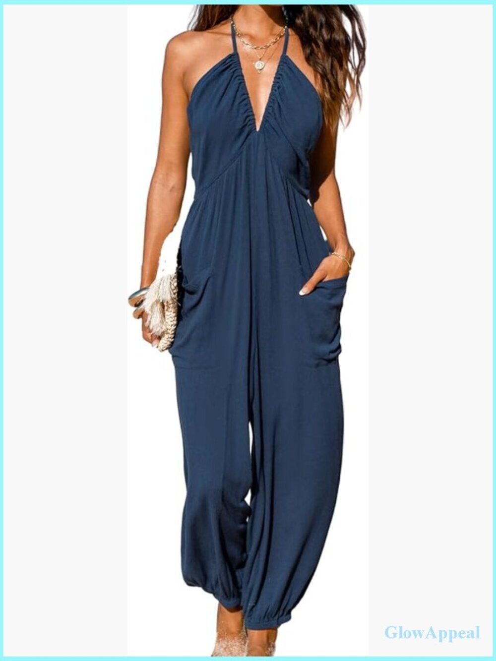 Plunge Halter Sleeveless Pleated Long Jumpsuit with Pockets